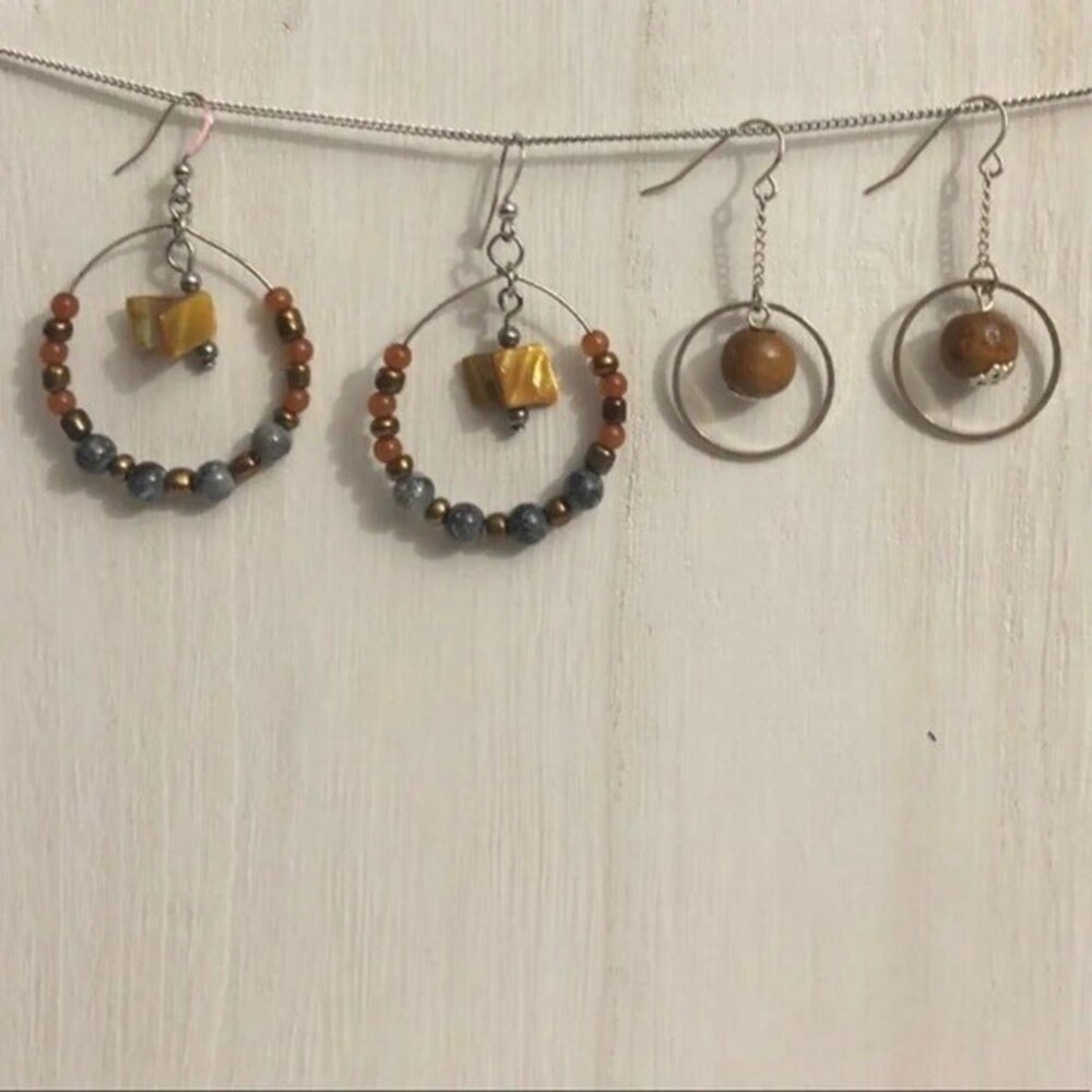 Two Pairs BOHO Dangle Beaded Hoop Earrings